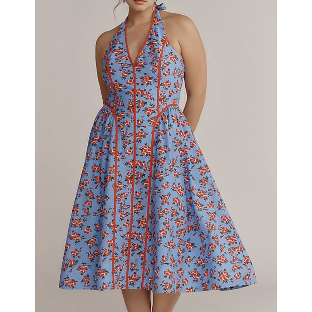 Maeve Anthropologie Halter Fit & Flare Midi Dress Blue Red Floral 2X Plus Curve